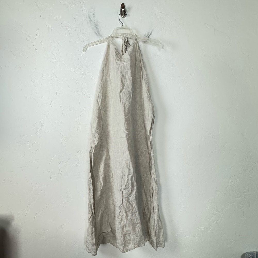 Menique Dress Maxi Solid Tan Cream Beige 100% Linen Textured Tie‎ Sleeves Boho